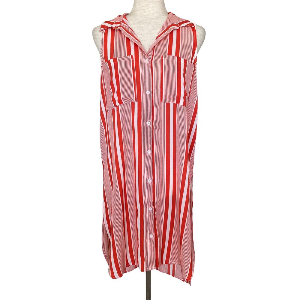 JEALOUS TOMATO Tunic Top Orange Pink Striped Sleeveless Button Down Size Medium